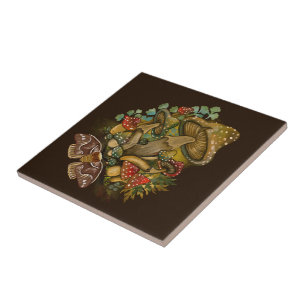 Retro Vintage colours Mushroom & Moth Art Tile