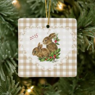Retro Vintage Coquette Baby Animals Bunny Gingham Ceramic Ornament