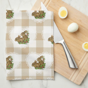 Retro Vintage Coquette Baby Animals Bunny Gingham Tea Towel