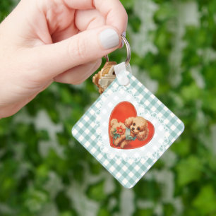 Retro Vintage Coquette Baby Animals Dog Gingham Key Ring