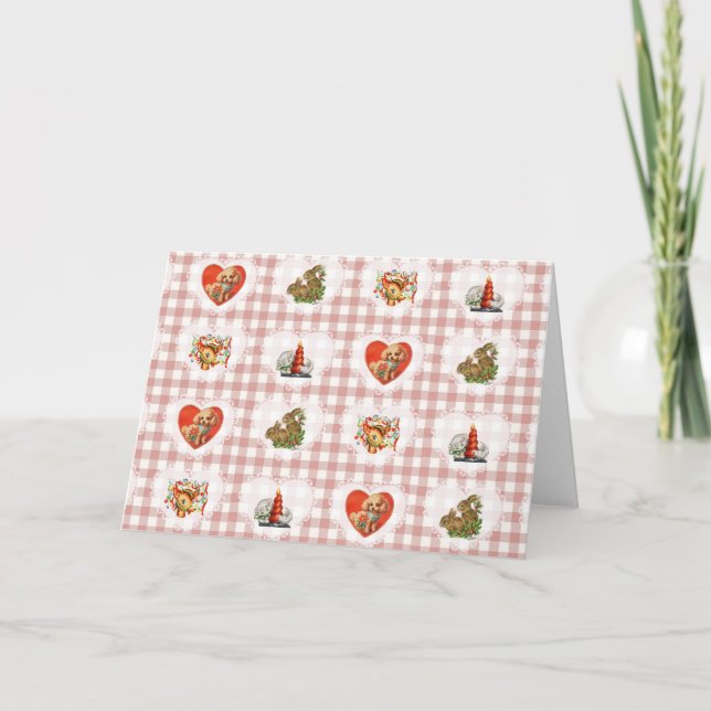 Retro Vintage Coquette Baby Animals Gingham Card (Front)