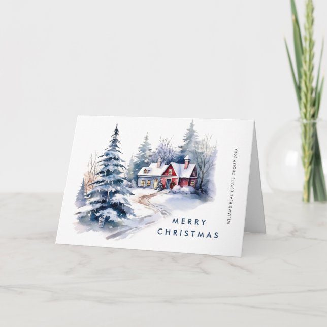 Retro Vintage Country House Christmas Tree Holiday Card (Front)