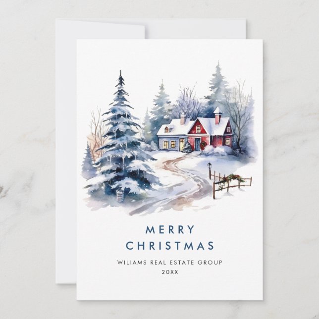 Retro Vintage Country House Christmas Tree Holiday Card (Front)