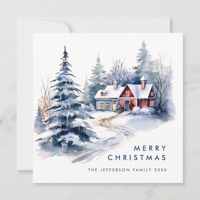 Retro Vintage Country House Christmas Tree Holiday Card (Front)