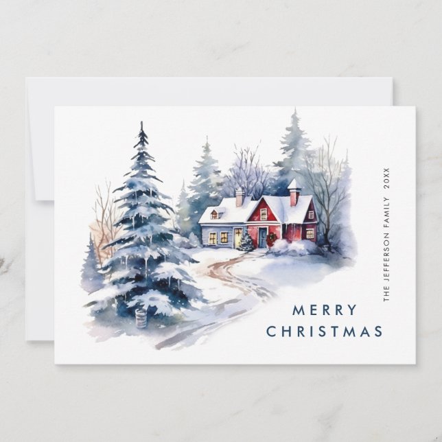 Retro Vintage Country House Christmas Tree Holiday Card (Front)