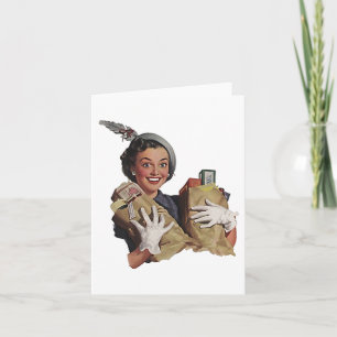 Retro Vintage Coupon Shopping Lady Happy Note Card