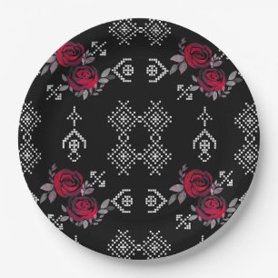 Retro vintage cross stitch watercolor roses paper plate