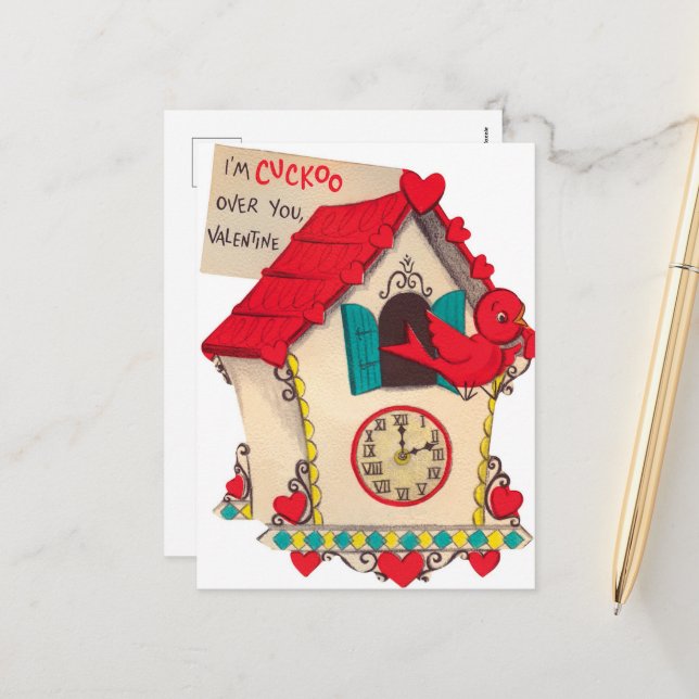 retro vintage cuckoo clock Valentine Holiday Postcard (Front/Back In Situ)