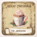 Retro Vintage Cup Peppermint Hot Cocoa Christmas Square Paper Coaster<br><div class="desc">Beautiful retro vintage illustration of a cup of peppermint hot cocoa,  on a retro grunge background and frame for an aged or vintage look. Design features a vintage scroll ribbon for your personalisation  of this elegant,  and timeless holiday coasters</div>
