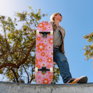 Retro Vintage Daisy Pattern Orange Pink Skateboard