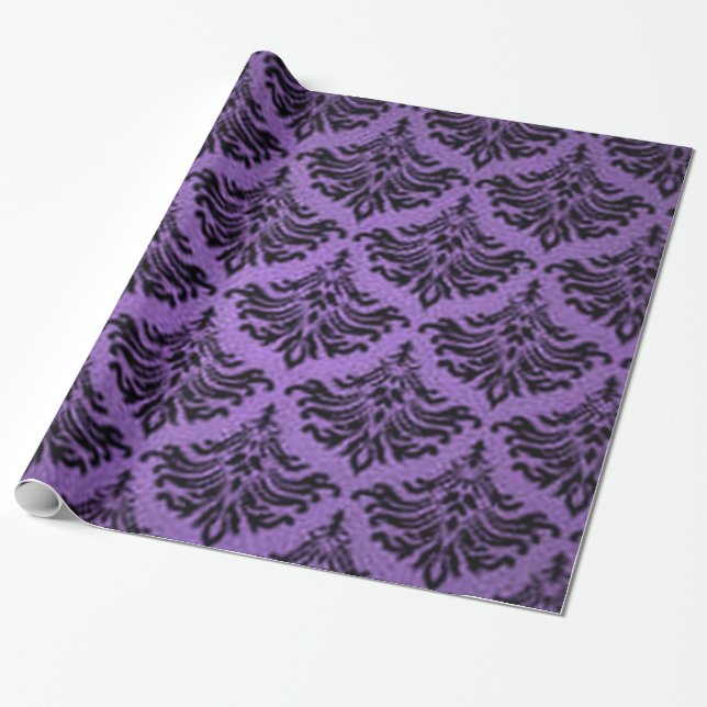 Retro Vintage Damask Brocade Purple Black Wrapping Paper (Unrolled)