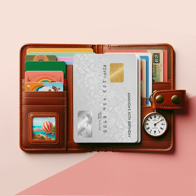 Retro Vintage Damask Credit Card Birthday Party (Credit Card invitation)