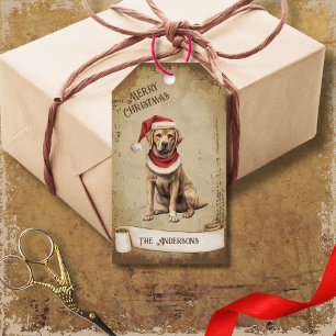 Retro Vintage Dog with Red Christmas Hat Gift Tags