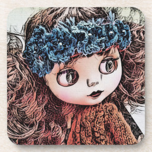 Retro vintage doll grunge art cute fun boho style coaster