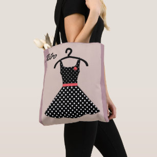 Retro vintage dress polka dots black white coral tote bag