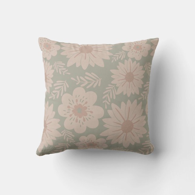 Retro Vintage Dusty Blue Pink Floral  Cushion (Back)