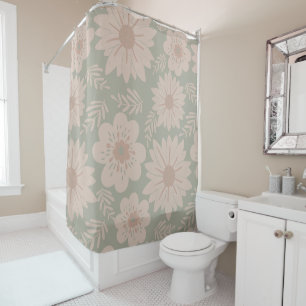 Retro Vintage Dusty Blue Pink Floral  Shower Curtain