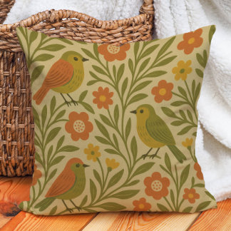 Retro Vintage Earth Tone Olive Orange Gold Birds Cushion