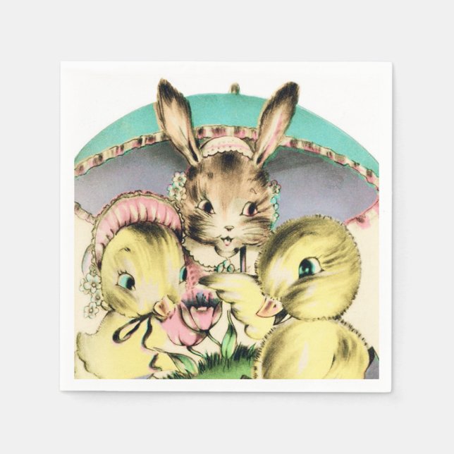 Retro Vintage Easter Bunny and chicks party napkin (Front)