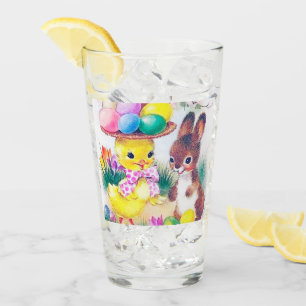 retro vintage Easter bunny chick Holiday Glass