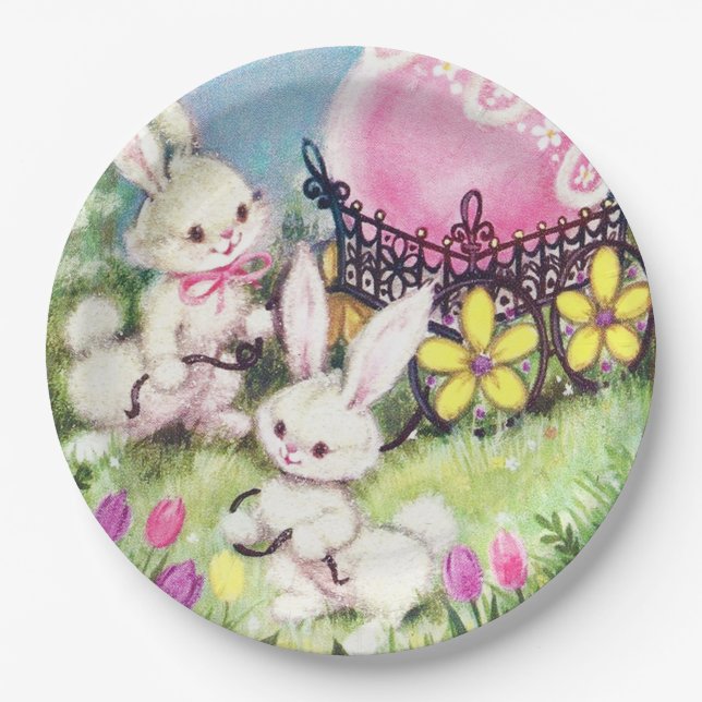 Retro vintage Easter bunny Holiday Paper Plate (Front)
