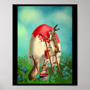 Retro Vintage Easter Bunny Painting Easter Basket  Poster
