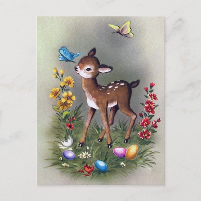 Retro vintage Easter deer Holiday postcard (Front)