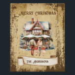 Retro Vintage Family New House Merry Christmas Poster<br><div class="desc">Beautiful retro vintage illustration of a family walking towards their new Christmas decorated house on a retro grunge background and frame for an aged or vintage look. Design features a vintage scroll ribbon for your personalisation of this elegant and festive holiday wall art decor.</div>