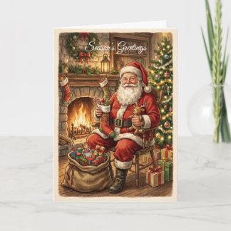 Retro Vintage Fireside Santa Holiday Card