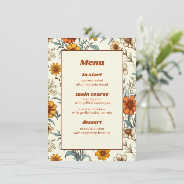 Retro Vintage Floral 70s Timeless Wedding Menu (Standing Front)