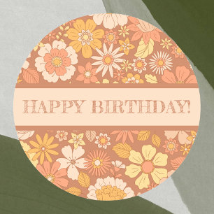 Retro Vintage Floral Botanical Happy Birthday Classic Round Sticker