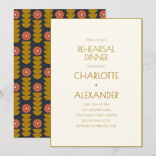 Retro Vintage Floral Navy Mustard Rehearsal Dinner Invitation