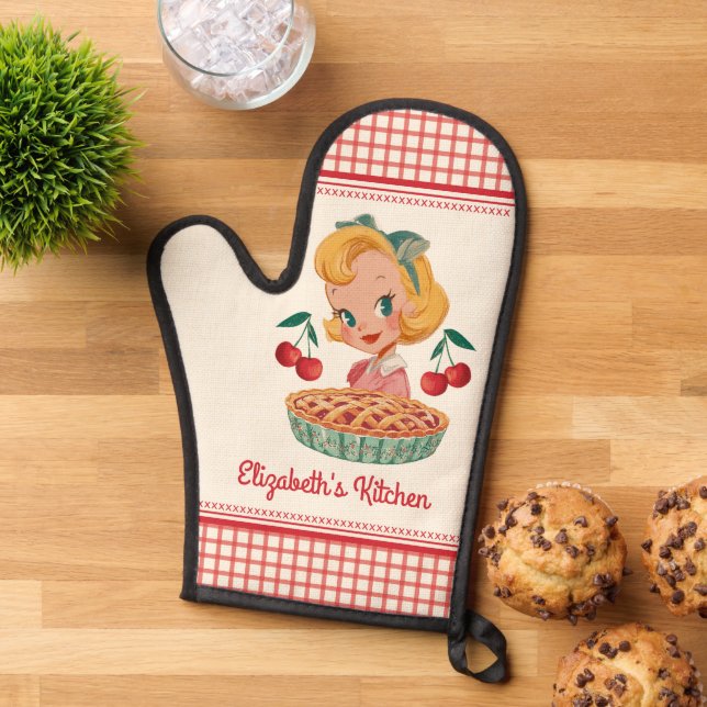 Retro Vintage Gingham Red Cherry Pie Oven Mitt (Top down)