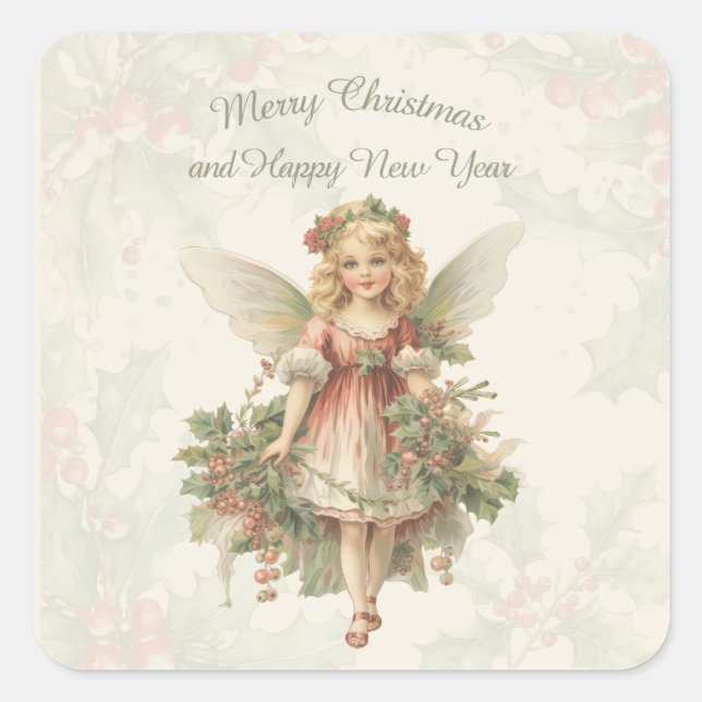 Retro Vintage Girl Angel Christmas Holly Square Sticker (Front)