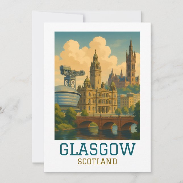 Retro Vintage Glasgow Scotland Cityscape Travel Card (Front)