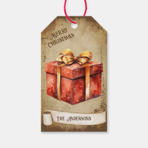 Retro Vintage Golden Bow Red Christmas Gift Box Tags