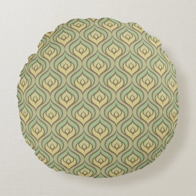 Retro vintage green and yellow pattern round cushion (Front)