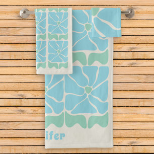 Retro vintage green blue flower pattern  bath tow towel set