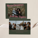 Retro Vintage Green & Pink Photo Christmas Holiday Card<br><div class="desc">This retro and vintage Christmas double sided flat card features pink typography with a green background and family photos. Insert your favorite photos and customize it to your liking. Photos by prostooleh / Freepik.</div>