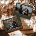 Retro Vintage Green & Pink Photo Christmas Holiday Card<br><div class="desc">This retro and vintage Christmas double sided flat card features pink typography with a green background and family photos. Insert your favorite photos and customize it to your liking. Photos by prostooleh / Freepik.</div>