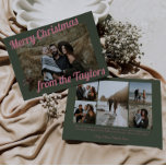 Retro Vintage Green & Pink Photo Christmas Holiday Card<br><div class="desc">This retro and vintage Christmas double sided flat card features pink typography with a green background and family photos. Insert your favorite photos and customize it to your liking. Photos by prostooleh / Freepik.</div>