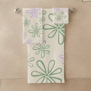 Retro Vintage Green Purple Small Flower Pattern Bath Towel Set