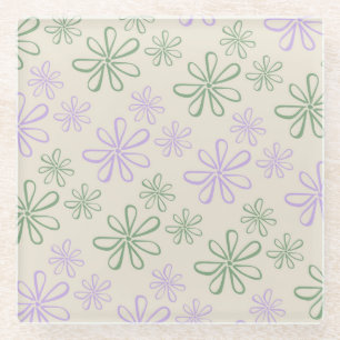 Retro Vintage Green Purple Small Flower Pattern Glass Coaster