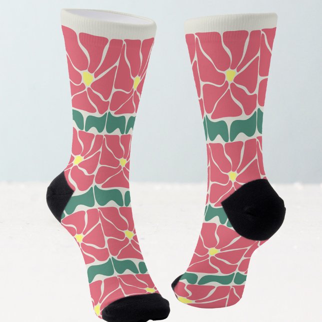 Retro Vintage Green Red Floral Socks (Creator Uploaded)