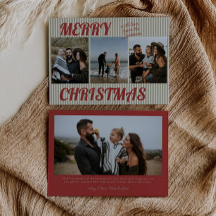 Retro Vintage Green Stripes Photo Christmas Holiday Card