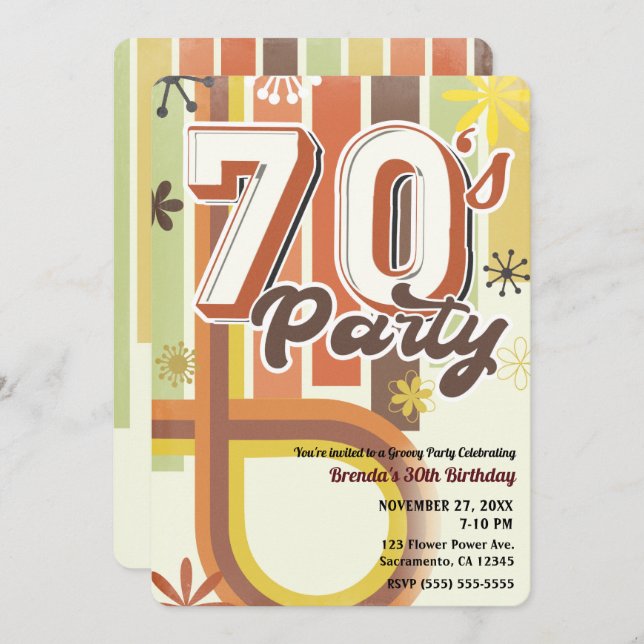 Retro Vintage Groovy 70's 1970 Seventies Party Invitation (Front/Back)