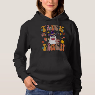 Retro Vintage Groovy Trick Or Teach Halloween Teac Hoodie