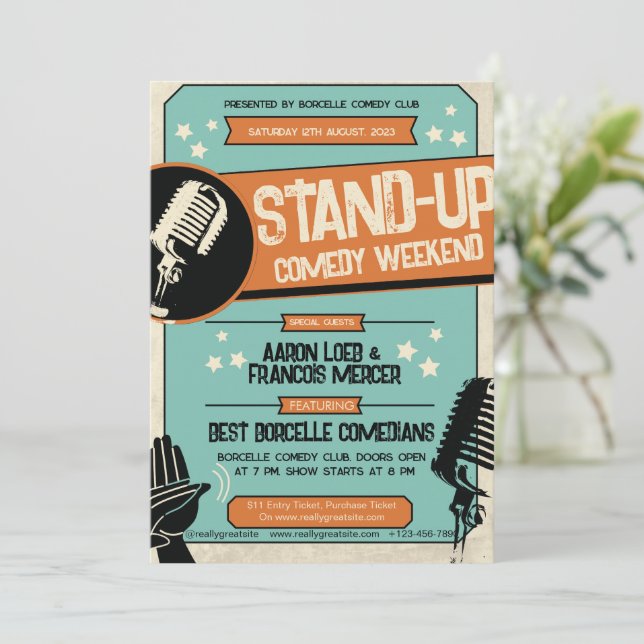 Retro Vintage Grunge Stand Up Comedy Show  Invitation (Standing Front)