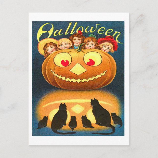 Retro Vintage Halloween Children and Cats Postcard (Front)