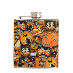 Retro Vintage Halloween Fun Collage Hip Flask